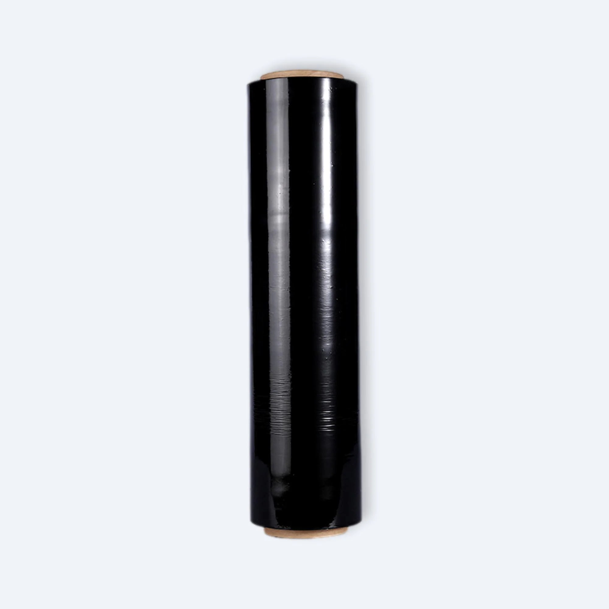 Upright view of a single glossy black stretch film roll used for pallet wrapping and cargo concealment.