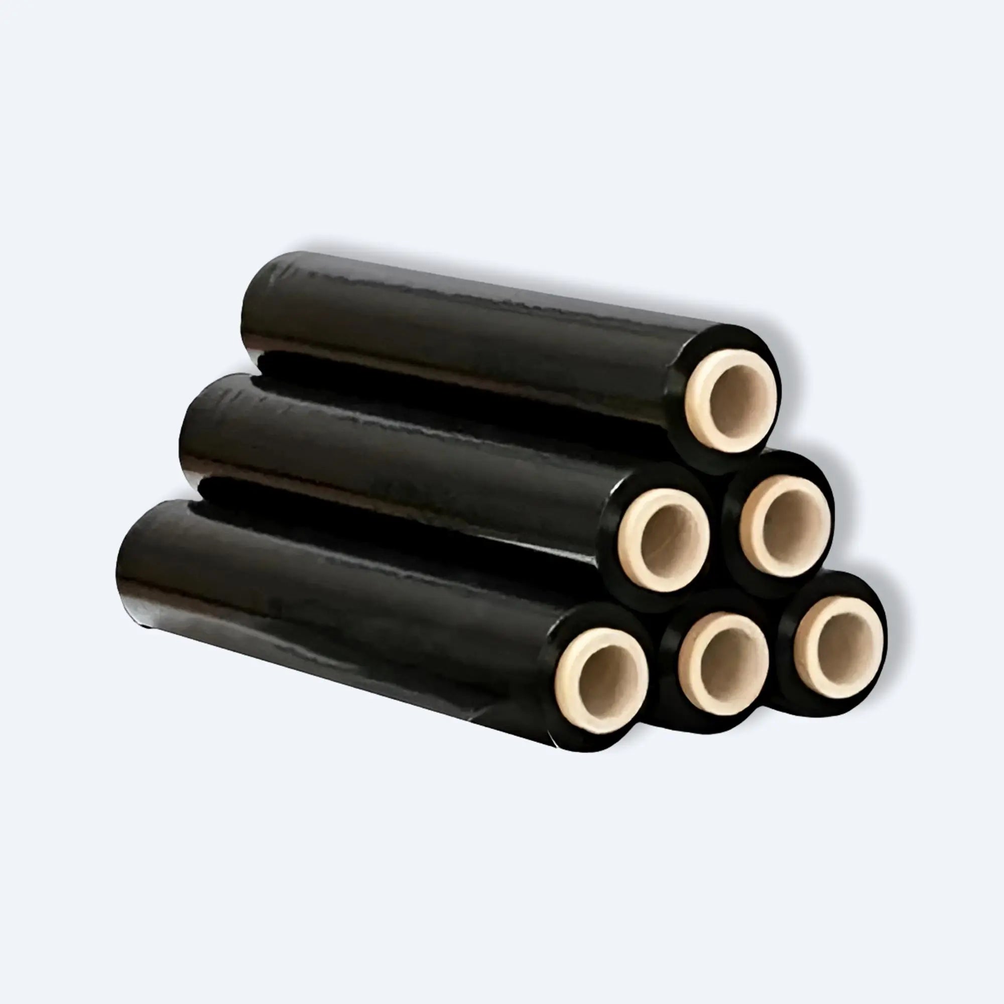 Six black stretch film rolls stacked in pyramid, industrial bulk pack