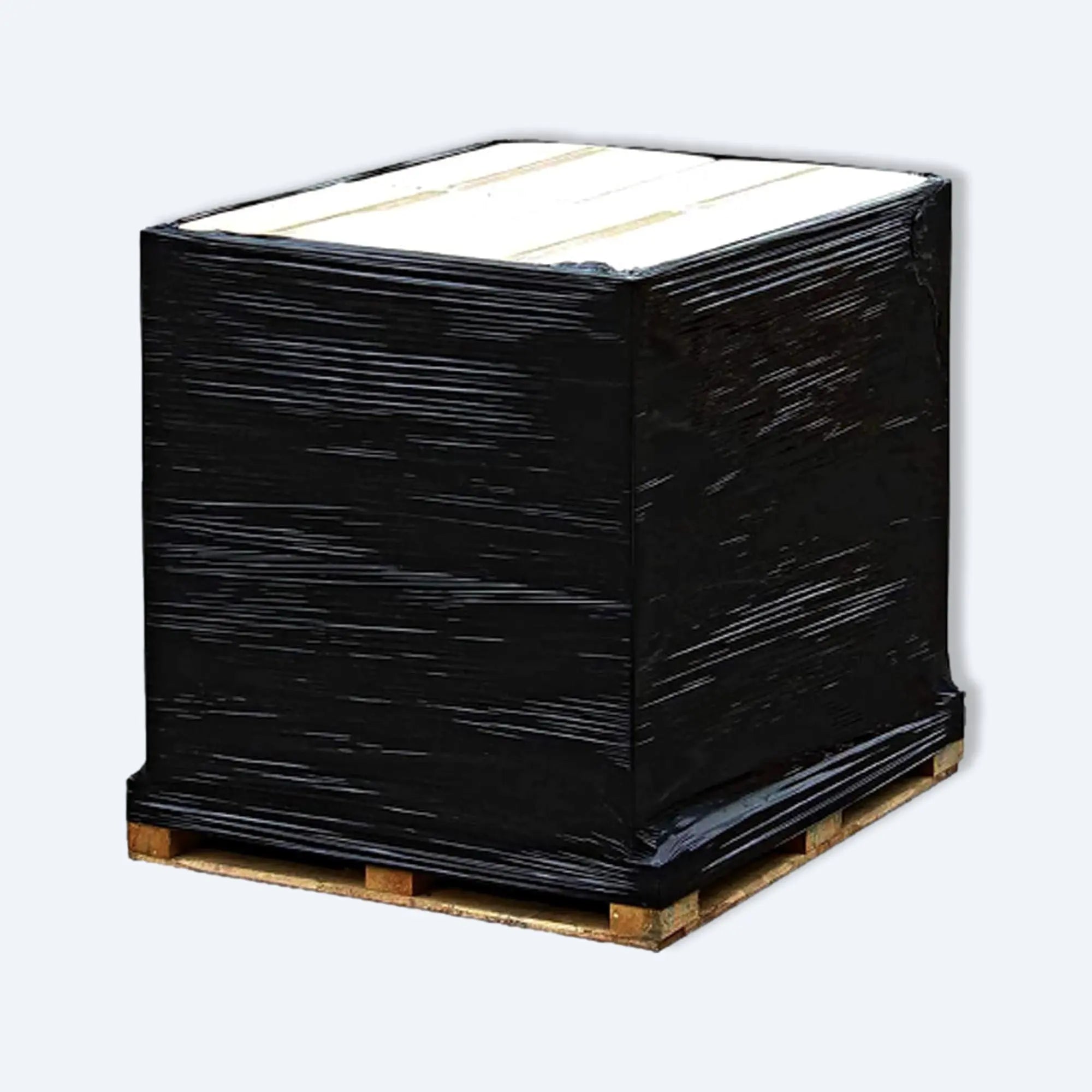 Wooden pallet fully wrapped with opaque black stretch film for secure shipping