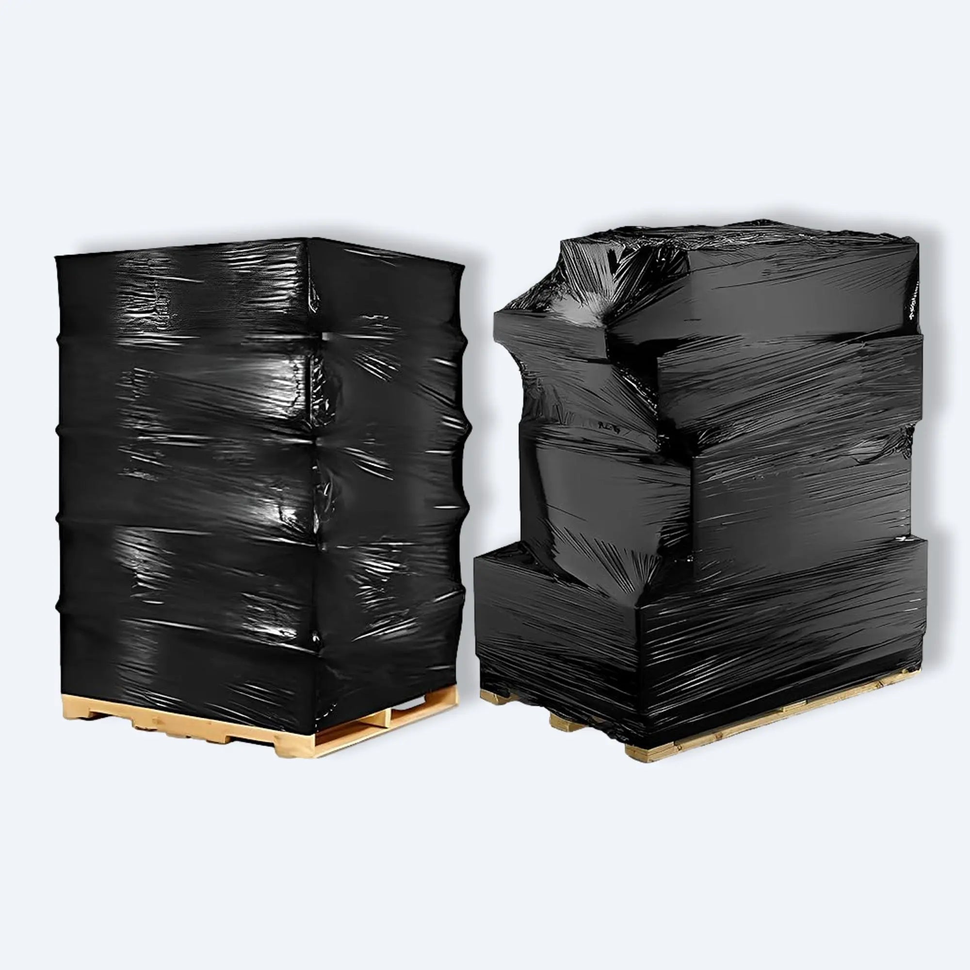 Two pallets wrapped in black stretch film, showing tight and irregular loads