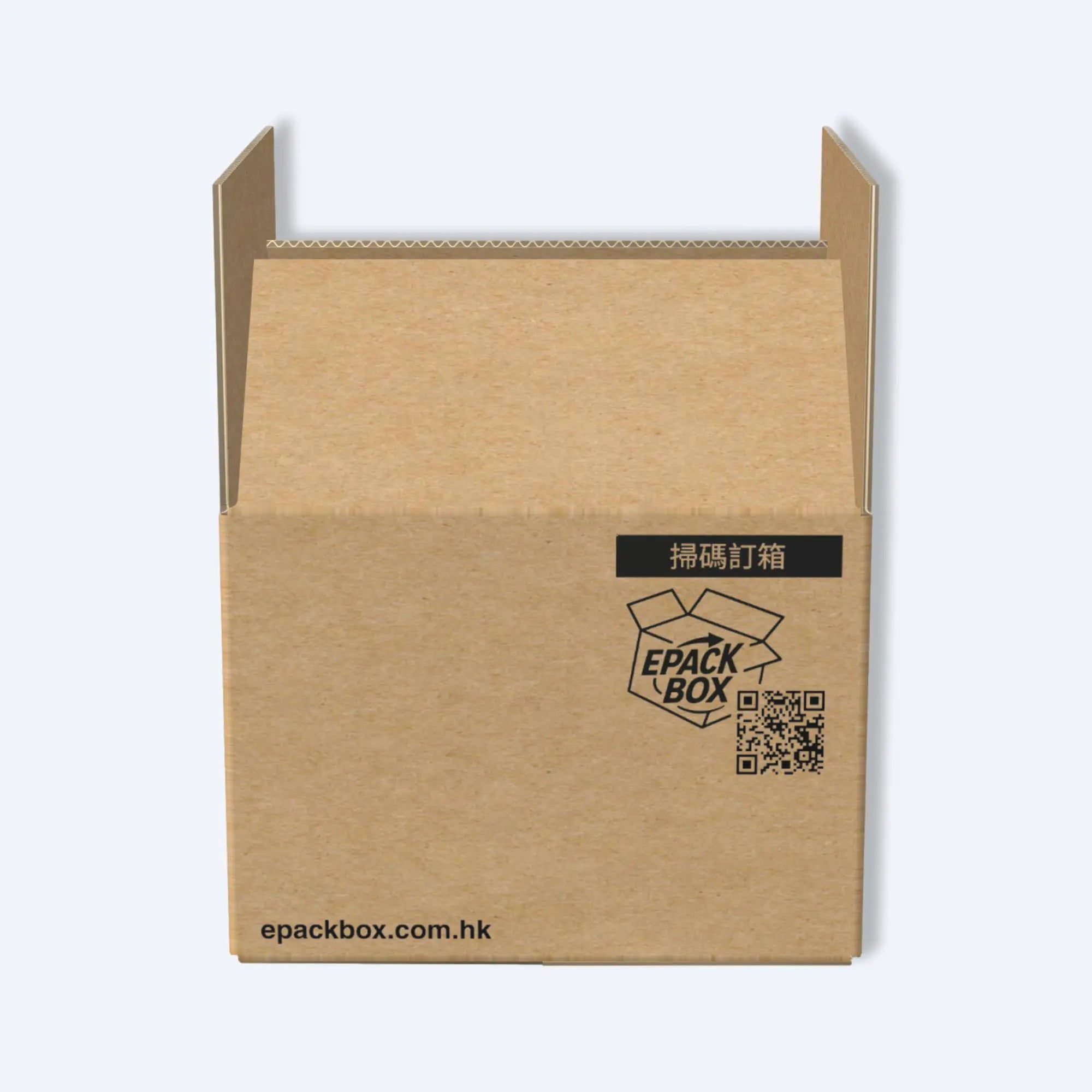 F2s紙箱的端面特寫,清晰展示epackbox品牌、方便再次訂購的QR Code二維碼,以及「掃碼訂箱」的便捷功能。