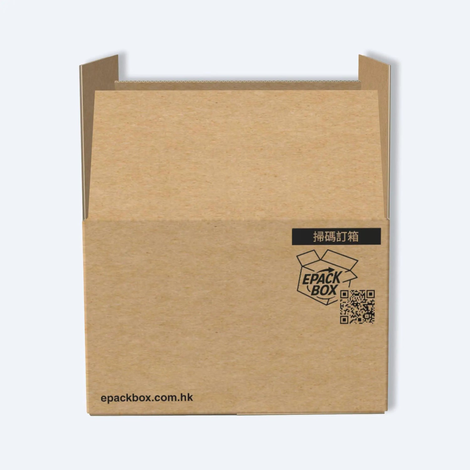 epackbox F4紙箱的端面特寫,清晰展示品牌標識、「掃碼訂箱」QR Code二維碼及官方網址epackbox.com.hk,方便用戶快速回購。