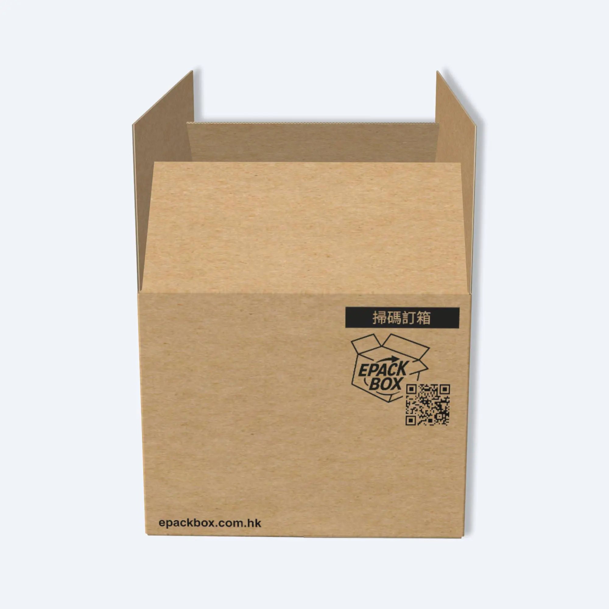 epackbox F6紙箱的端面特寫,顯示「掃碼訂箱」QR Code,方便個人或商業客戶快速回購,網址為epackbox.com.hk。