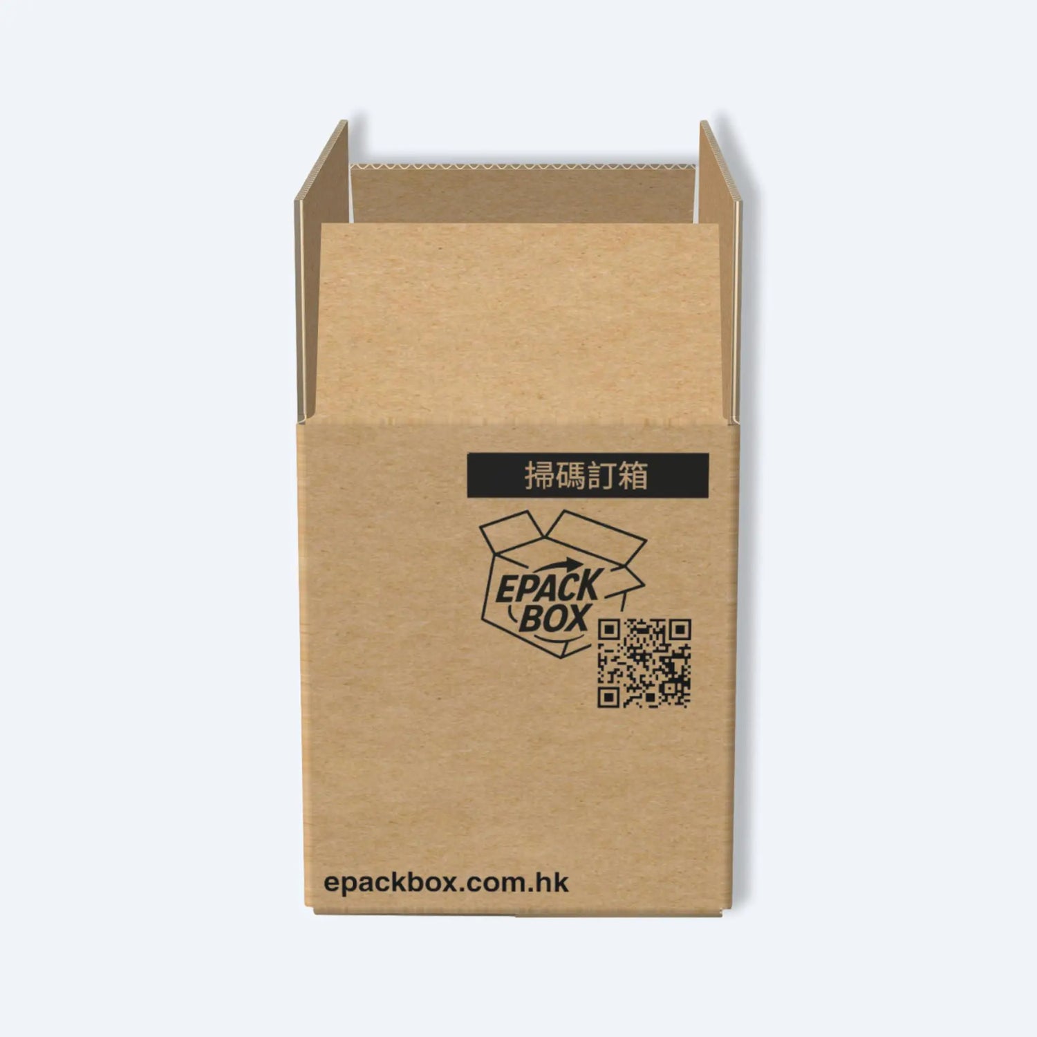 順豐S1紙箱的側面視圖,清晰顯示epackbox.com.hk品牌標識、二維碼及「掃碼訂箱」字樣。