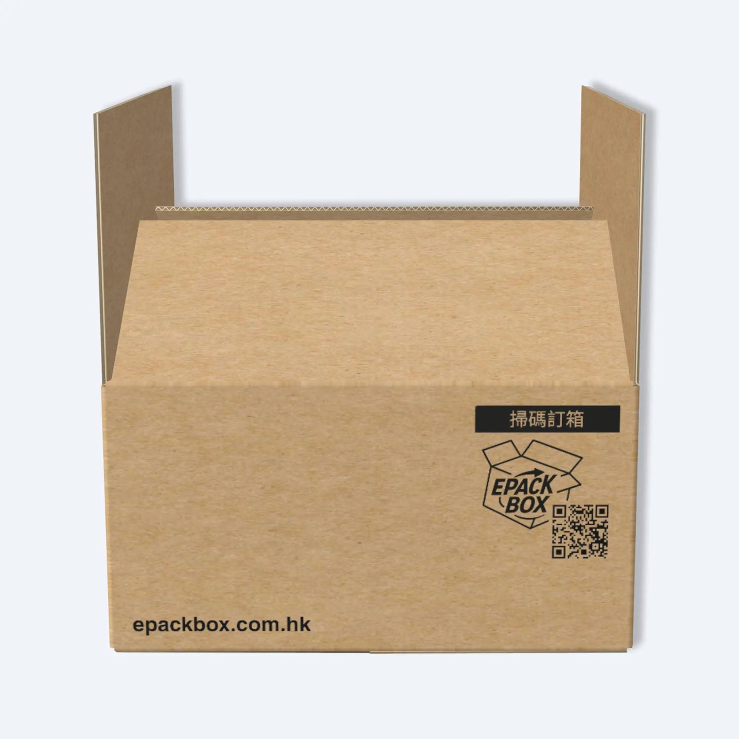 epackbox Y1飛機盒的端面特寫,清晰展示品牌標識、「掃碼訂箱」QR Code二維碼及官方網址epackbox.com.hk,方便用戶快速回購。