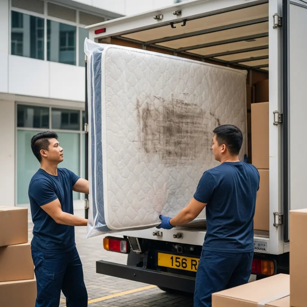 Two movers loading a mattress protected by a giant clear plastic bag into a truck, preventing dirt during relocation.