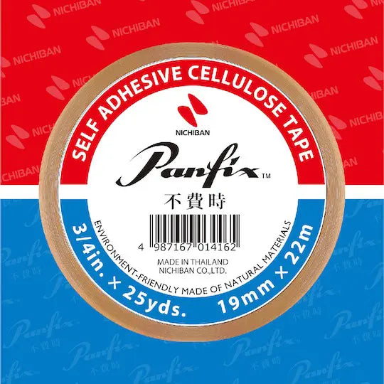 Panfix 不費時透明膠紙包裝標籤圖,顯示尺寸與環保材質說明。Panfix self-adhesive cellulose tape front label 19mm x 22m