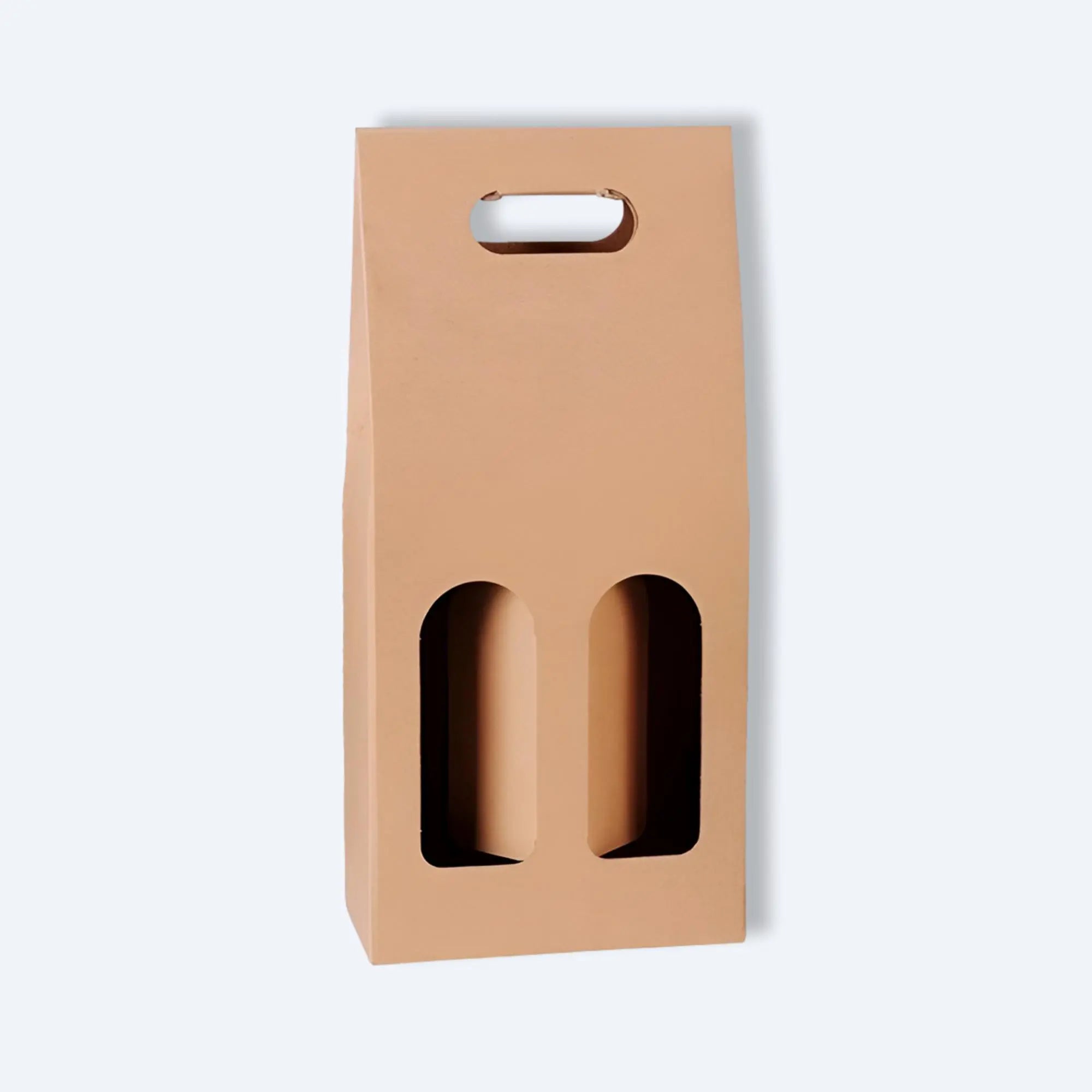Front view of kraft cardboard wine carrier box with two arched bottle windows and built‑in handle slot.