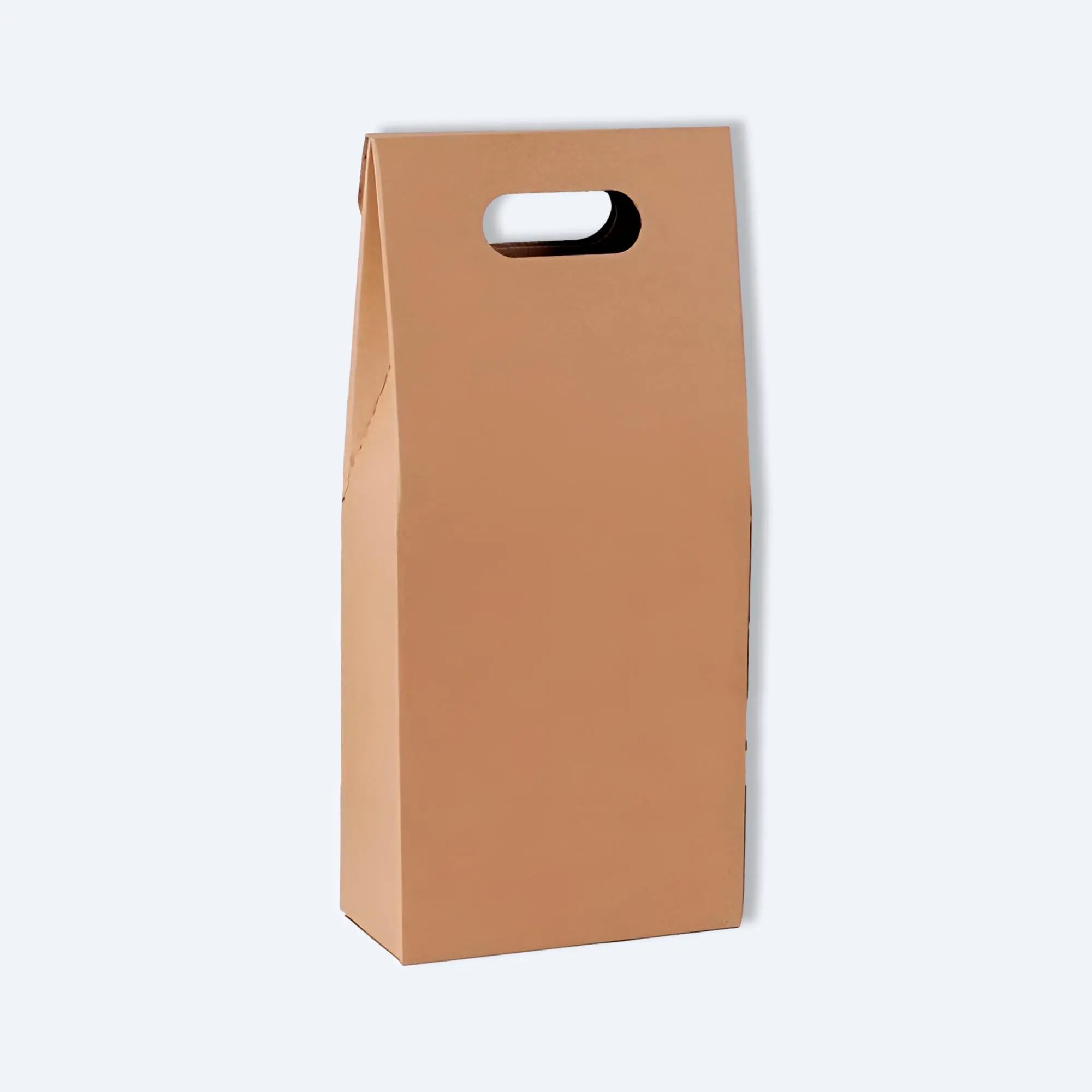 Plain front view of kraft wine carrier box with oval carry handle, no window cut‑out, ready for branding.
