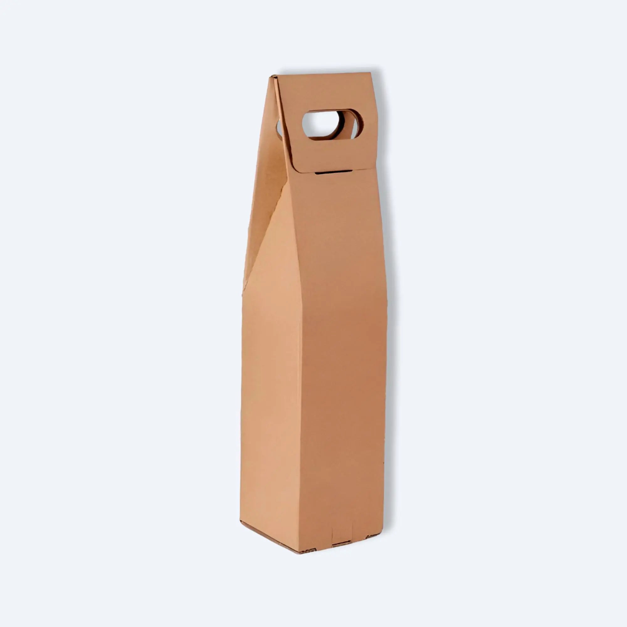 Slim side view of kraft wine carrier box showing folded top handle and secure self‑locking closure