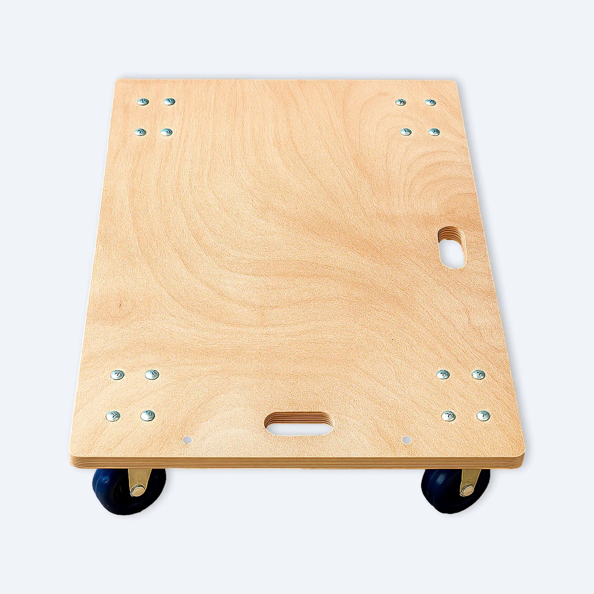 cart-front-platform.jpg Front perspective of plywood dolly cart platform with oval carry handles and countersunk screws.