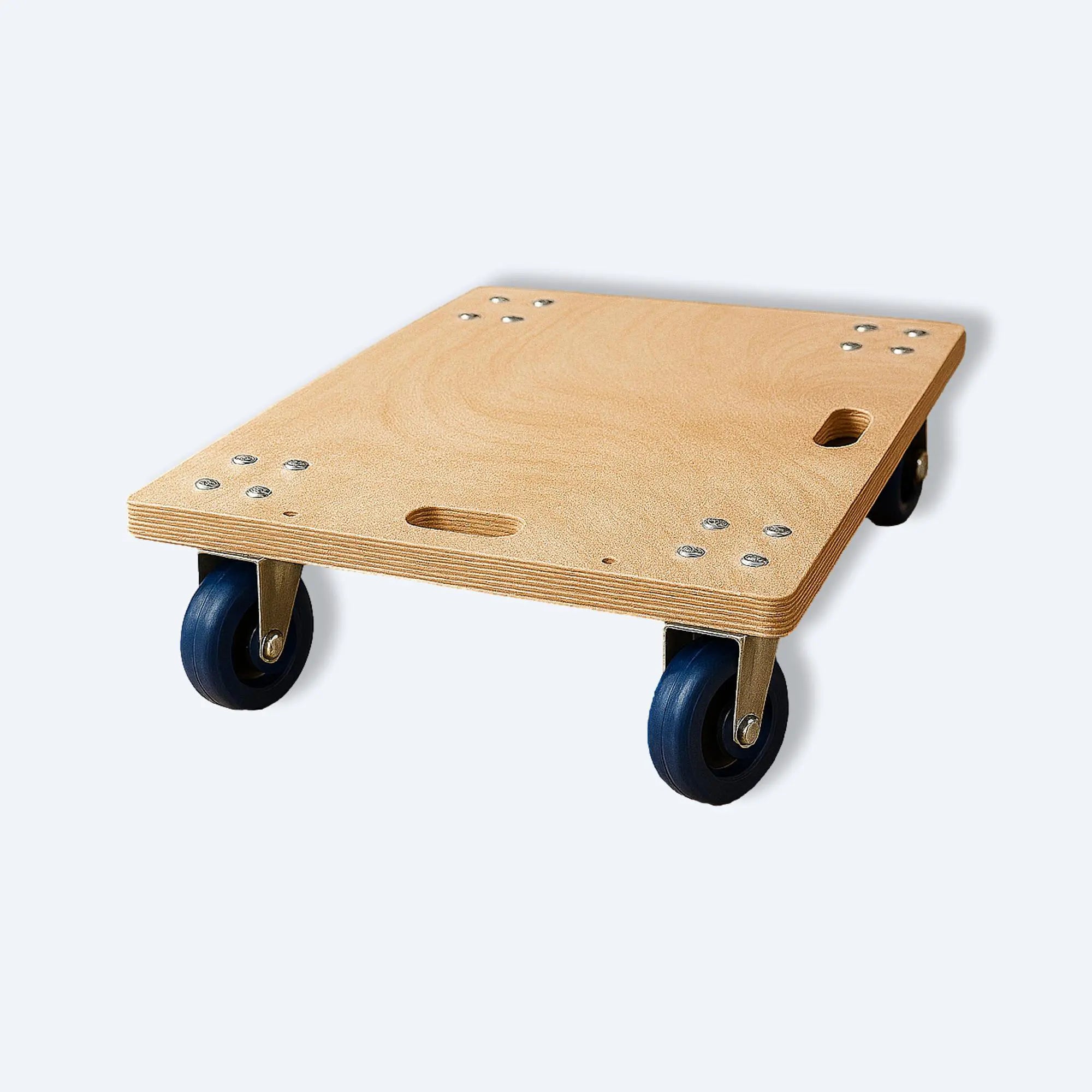 Low‑angle three‑quarter view of waterproof quiet wooden dolly cart with blue PU caster wheels