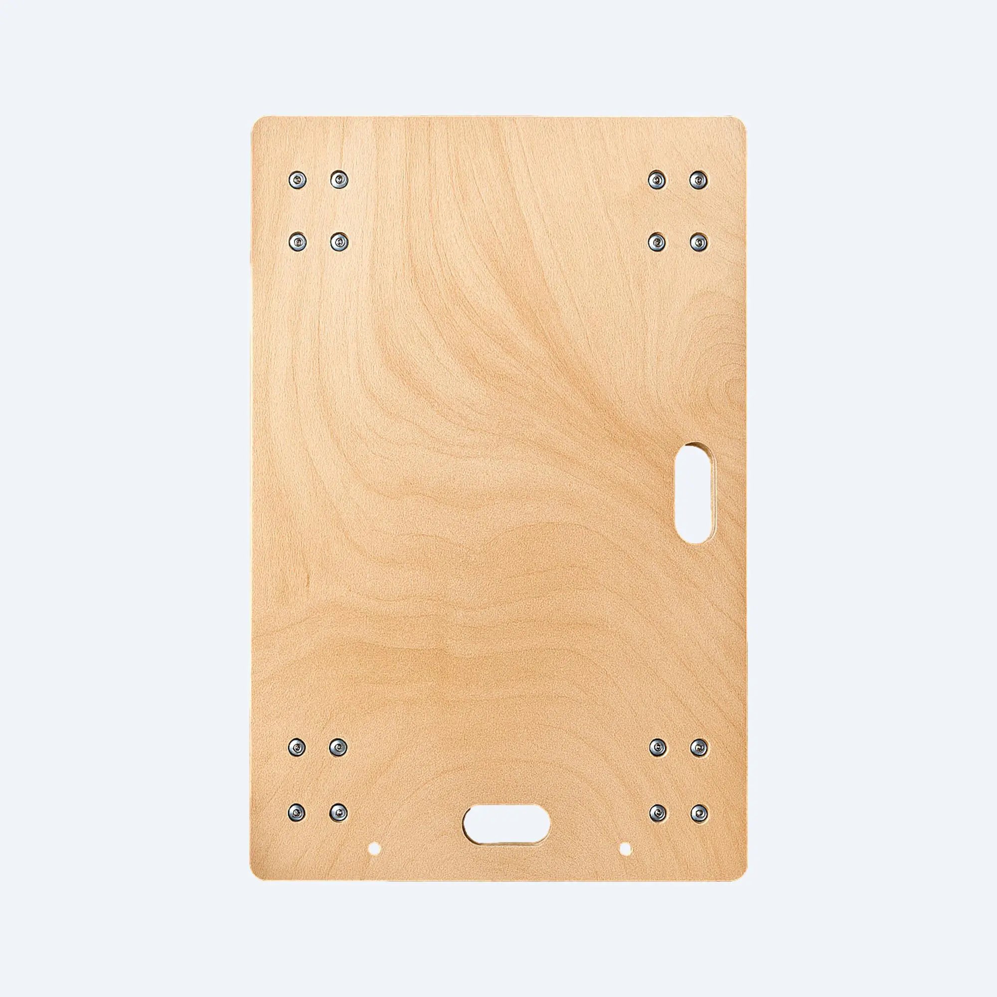 Top‑down view of waterproof plywood dolly cart board featuring two carry handles and reinforced screw mounts.