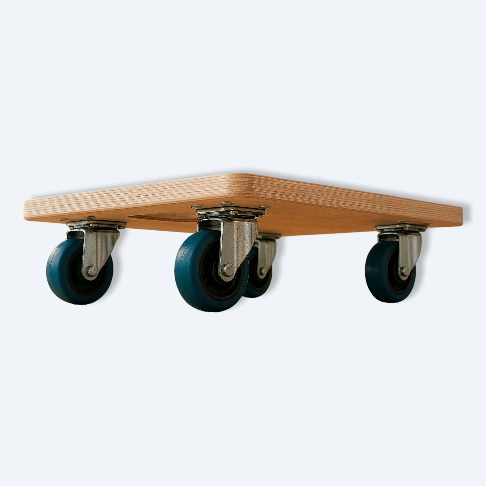 Underside view of wooden dolly cart showing four smooth‑rolling blue wheels and sturdy metal brackets