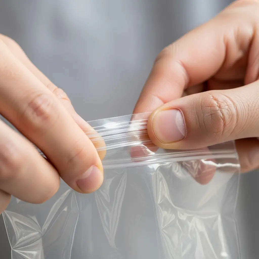 Close‑up of hands pressing the double track seal on a clear ziplock bag, demonstrating secure, airtight closure.