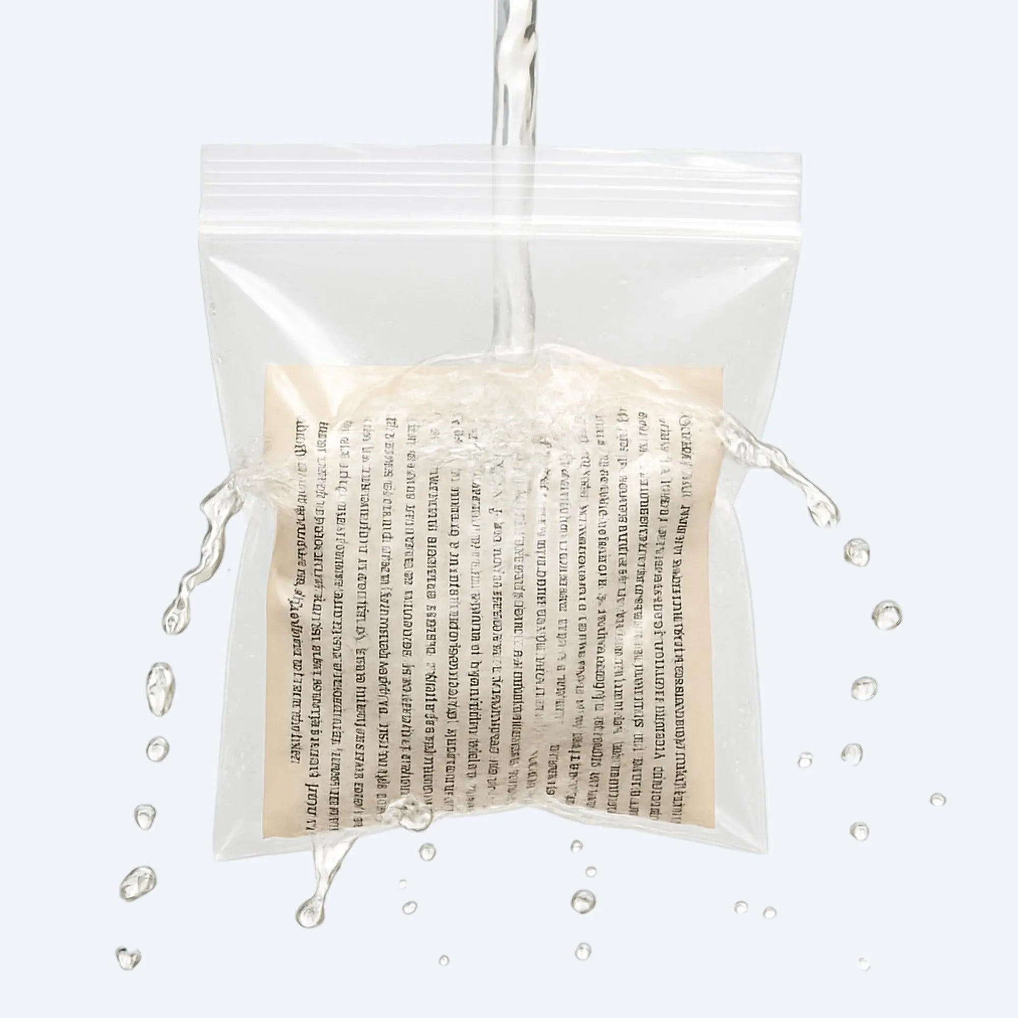 Clear ziplock bag protecting a sheet of paper while water pours over it, highlighting leak‑proof, waterproof performance.