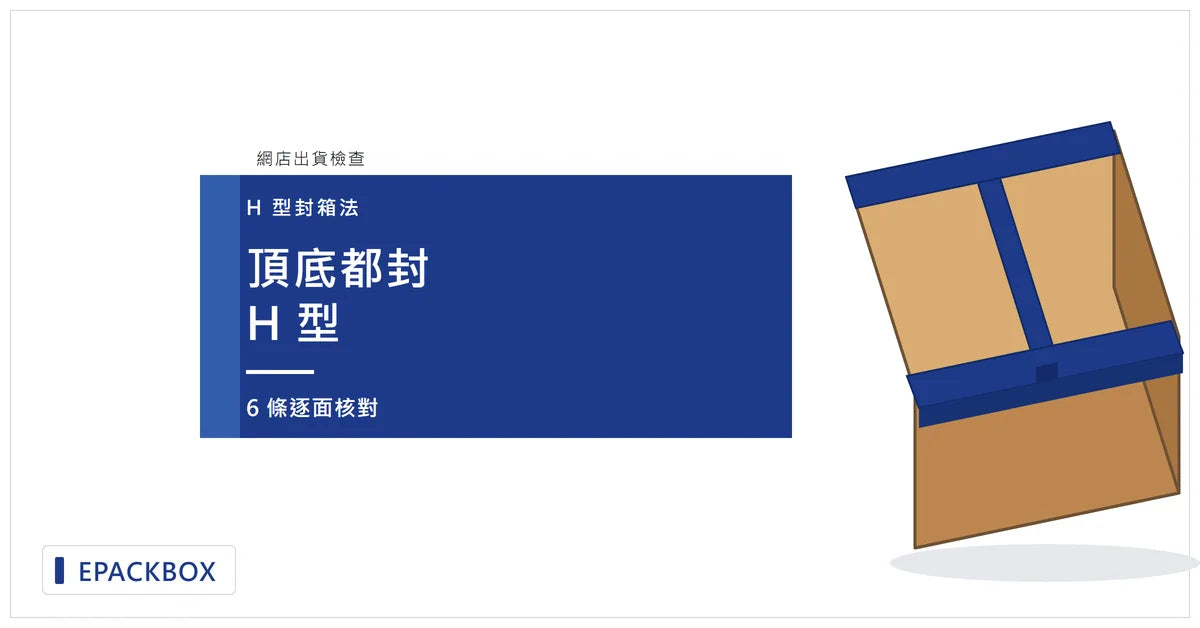EPACKBOX H 型封箱法封面：左側深藍色文字板寫「頂底都封 H 型」，右側啡色紙箱頂面以藍色線條示意中央及兩端封口；藍色並非實物膠紙顏色。