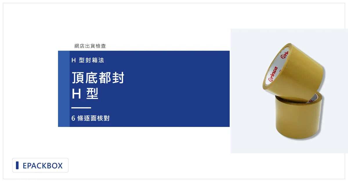 俯視啡色紙箱的頂部，深藍色封箱膠紙沿中央接縫及兩側箱蓋邊緣貼成 H 字形，圖中標示頂底都封 H。