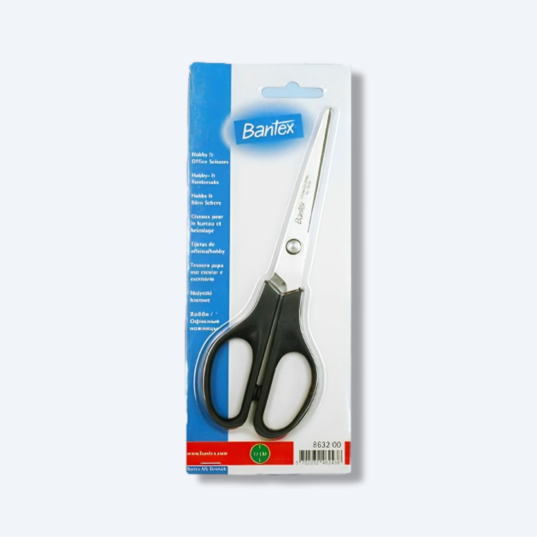 Bantex黑色剪刀8632-00的包裝圖，標準17cm尺寸，是辦公和家庭用途的完美選擇。