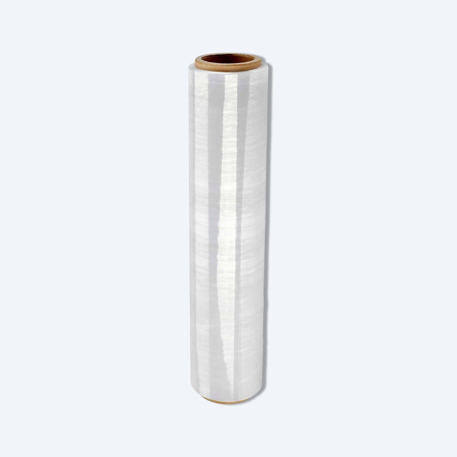 Stretch Wrap透明拉伸綑膜，用於捆綁和包裝物品，是一種包裝物料，放置於灰藍色背景上。