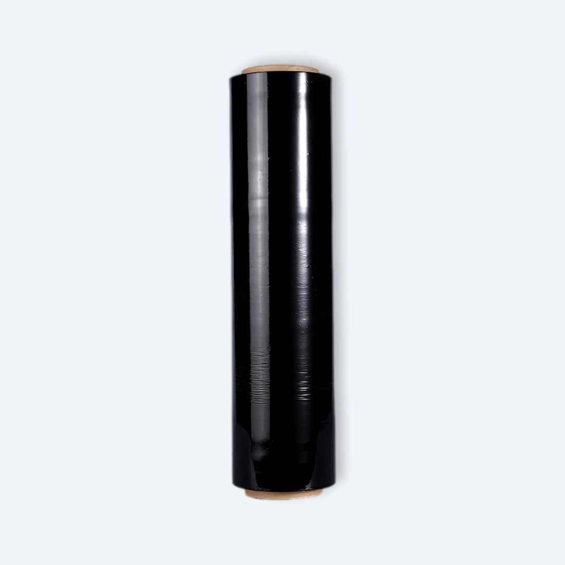 Upright view of a single glossy black stretch film roll used for pallet wrapping and cargo concealment.