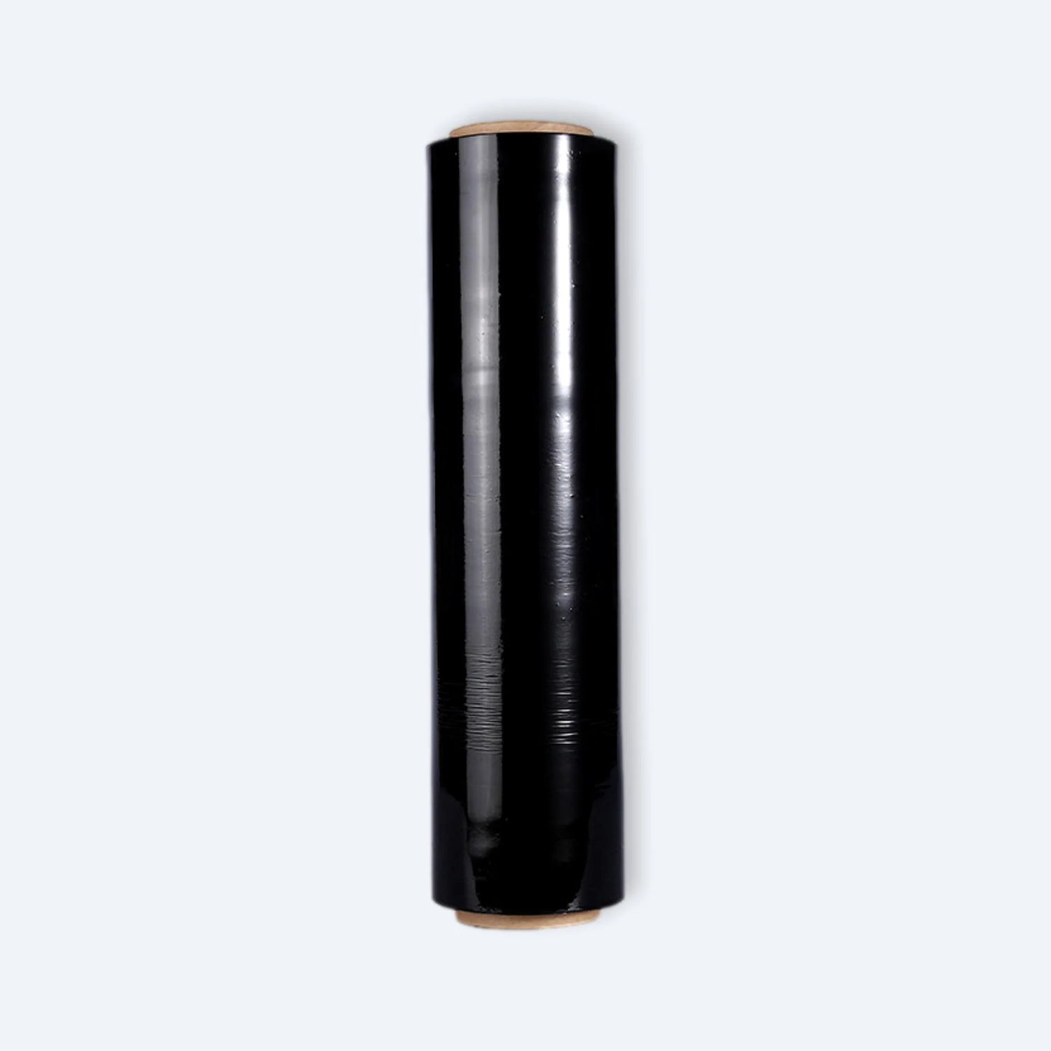 Upright view of a single glossy black stretch film roll used for pallet wrapping and cargo concealment.