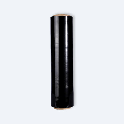 Upright view of a single glossy black stretch film roll used for pallet wrapping and cargo concealment.