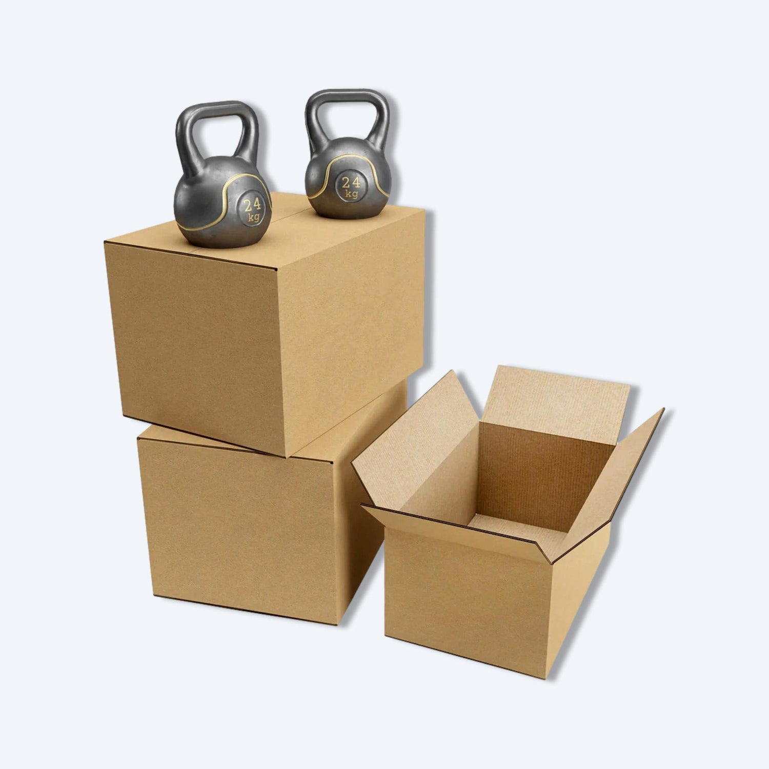 搬屋紙皮箱的堆放圖。各種不同尺寸、規格、種類的搬屋紙皮箱堆放在一起，適用於電子商務、移民、物流、倉儲、運輸、包裝及搬屋收納。