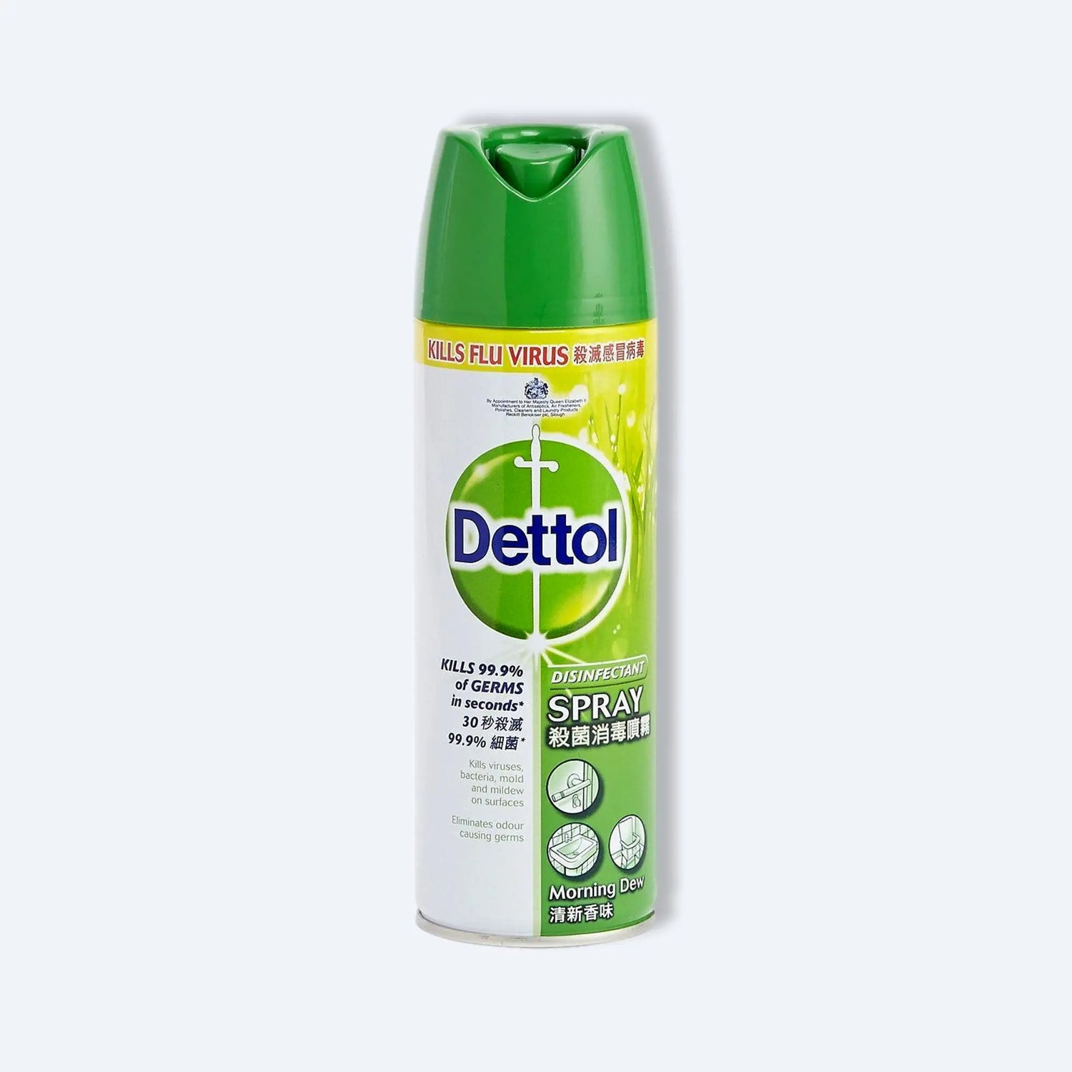 Dettol 殺菌消毒噴霧（清新香味），可殺滅 99.9% 細菌並消除異味。Dettol spray Morning Dew scent front view