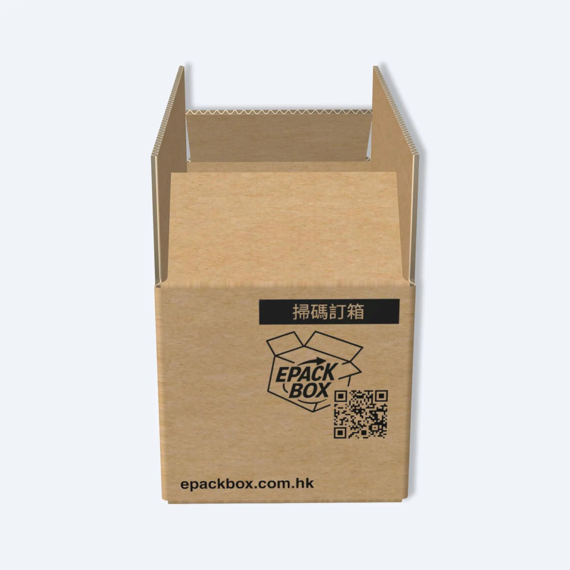 epackbox P7紙箱的側面特寫，顯示品牌標識、用於快速訂購的QR Code二維碼及epackbox.com.hk網址。