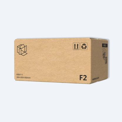 F2寄件紙箱的側面圖，清晰標示30x20x15cm尺寸。其堅固耐用的設計，能為書籍、化妝品或電子配件等中小型商品提供穩固保護。