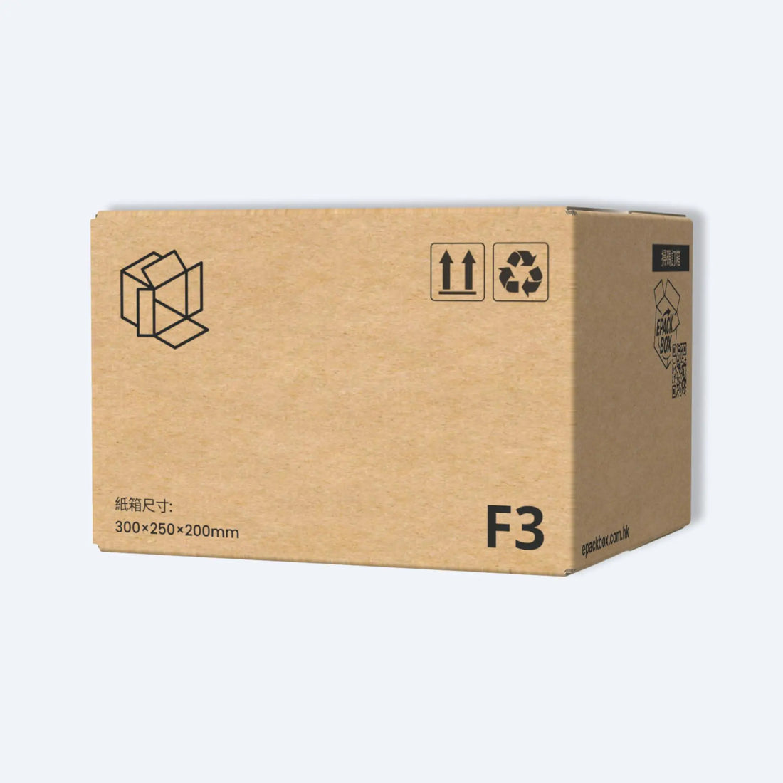順豐F3中型快遞紙箱的側面圖,清晰標示300x250x200mm尺寸。此尺寸適合寄運衣物、家居用品或多件商品。