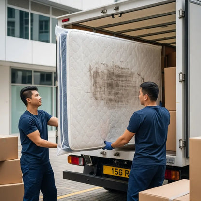 Two movers loading a mattress protected by a giant clear plastic bag into a truck, preventing dirt during relocation.