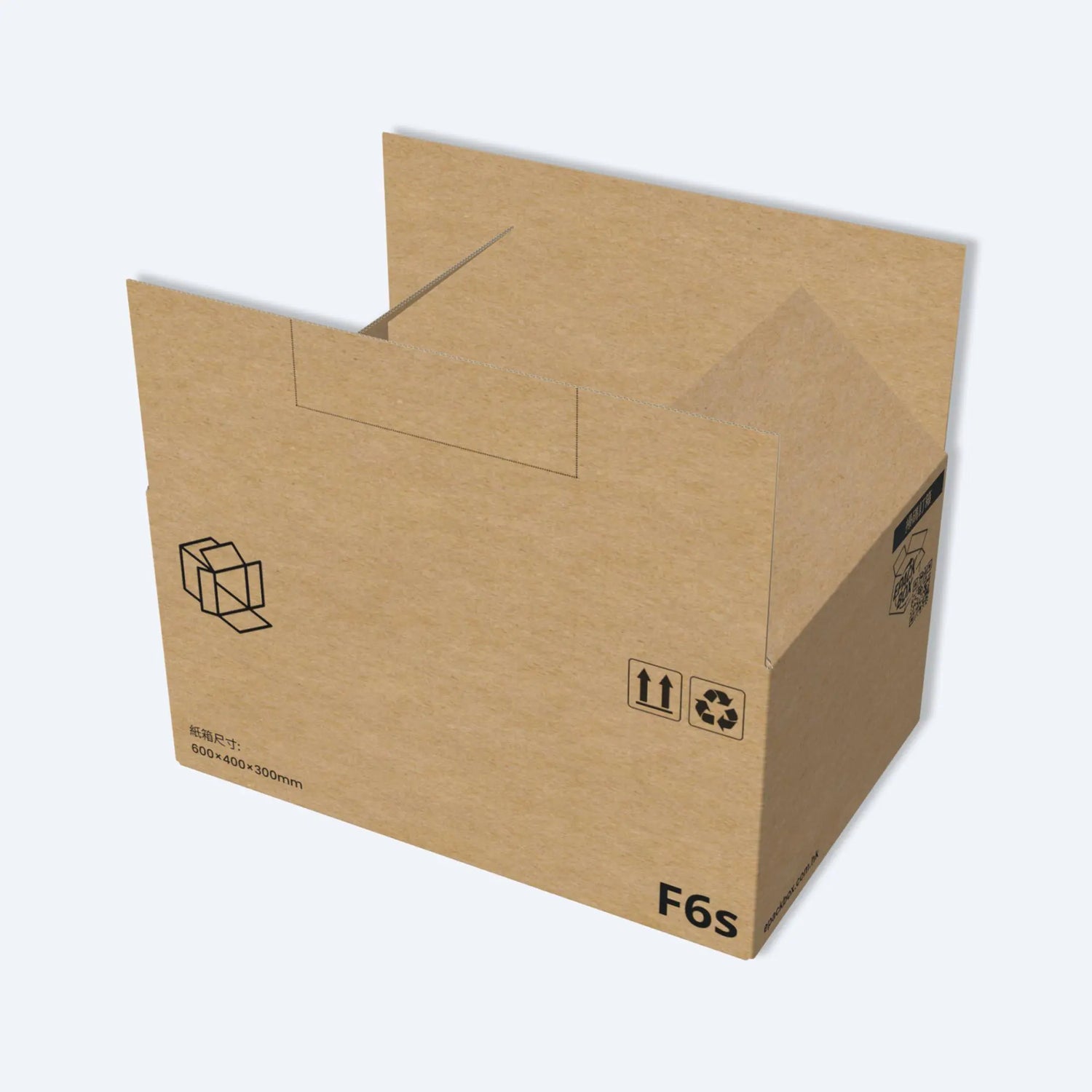 一個已打開準備使用的F6s運輸紙箱，從斜角展示其內部空間及堅固的瓦楞紙板結構，為搬家或運輸大型貨物提供絕佳保護。
