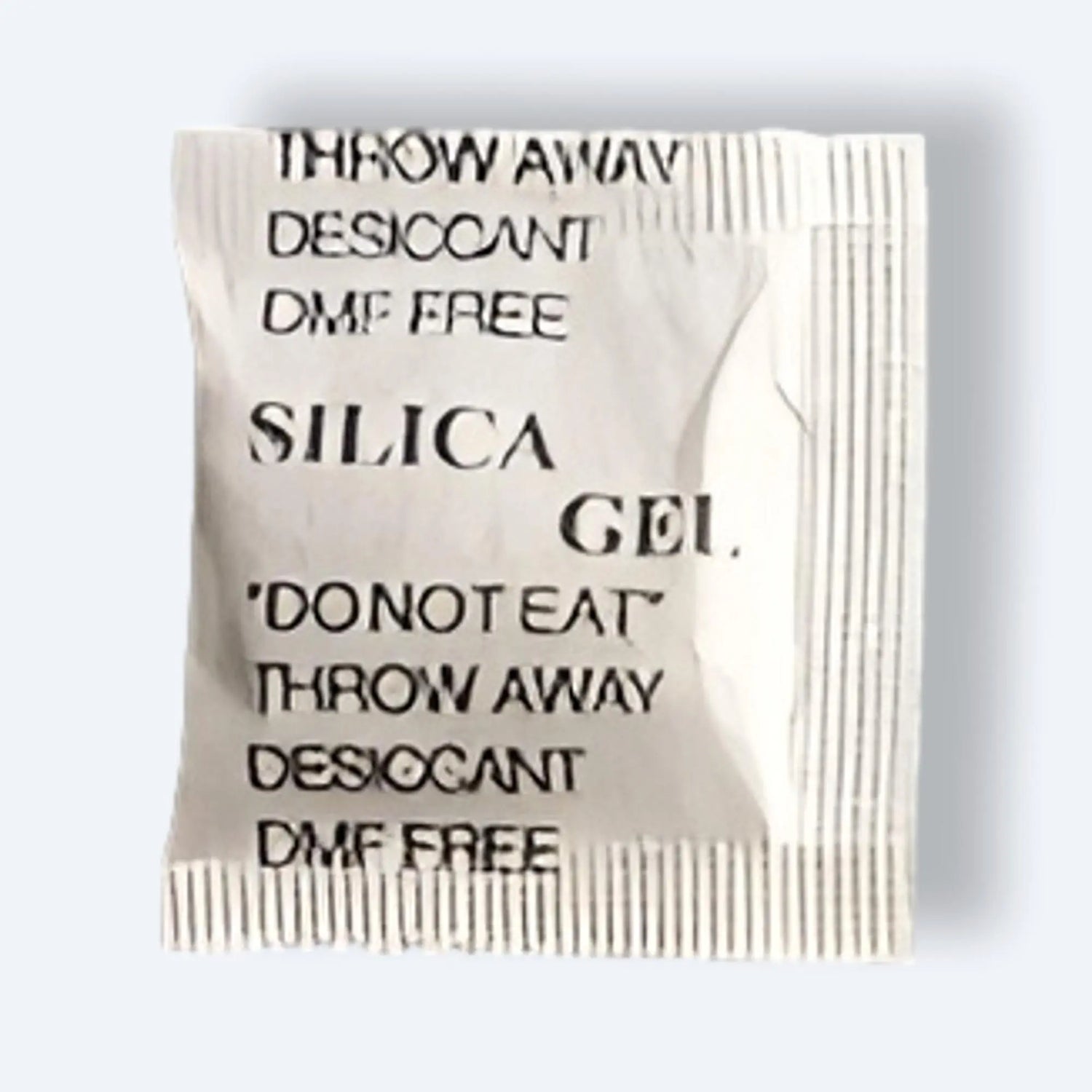 Close‑up of EPACKBOX 1‑gram silica‑gel desiccant packet for protecting electronics, shoes or small parcels from moisture.