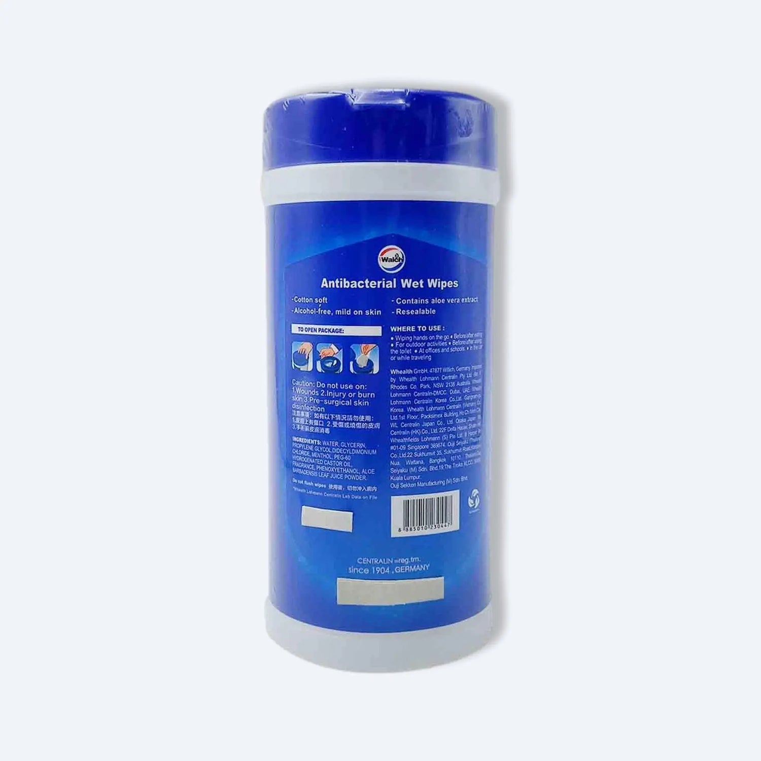 威露士濕紙巾包裝背面，列明用途、使用方法與保存方式。Back of Walch antibacterial wet wipes showing directions and product description.