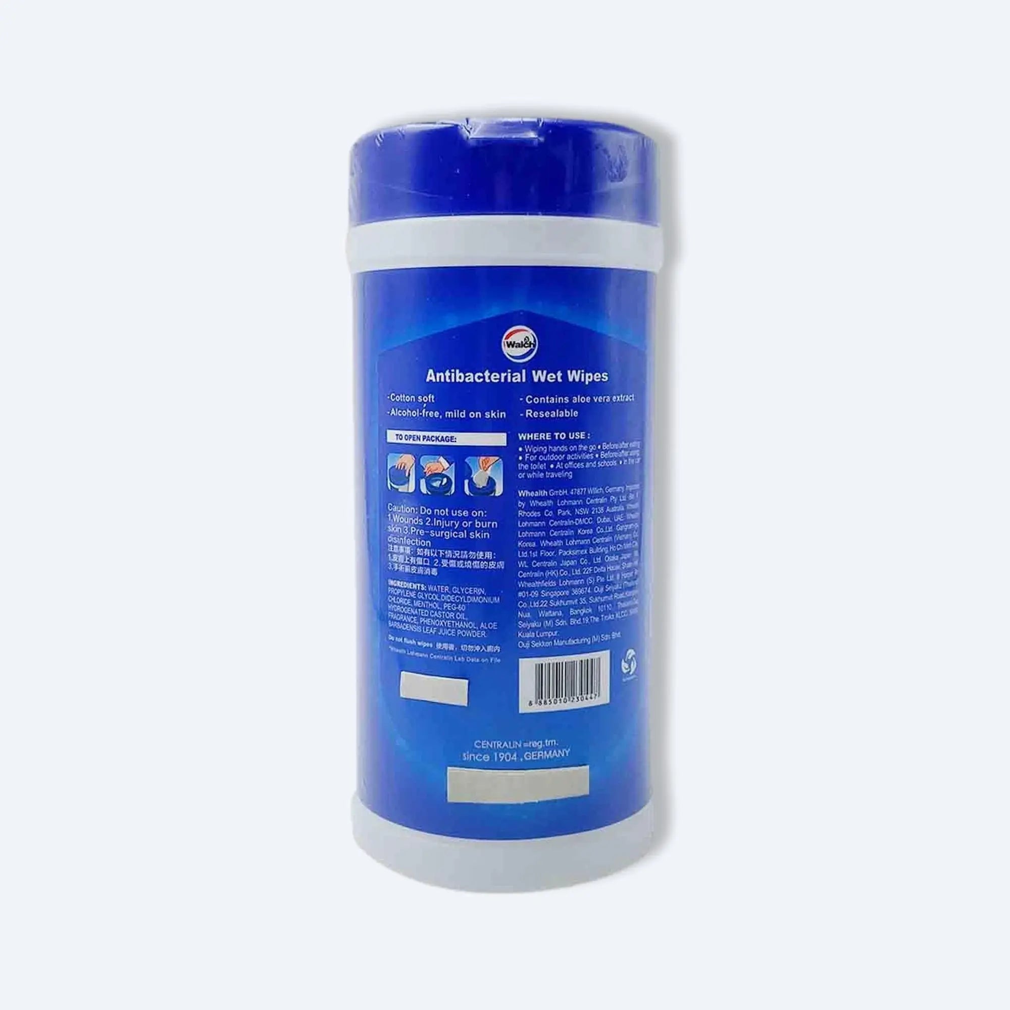 威露士濕紙巾包裝背面，列明用途、使用方法與保存方式。Back of Walch antibacterial wet wipes showing directions and product description.