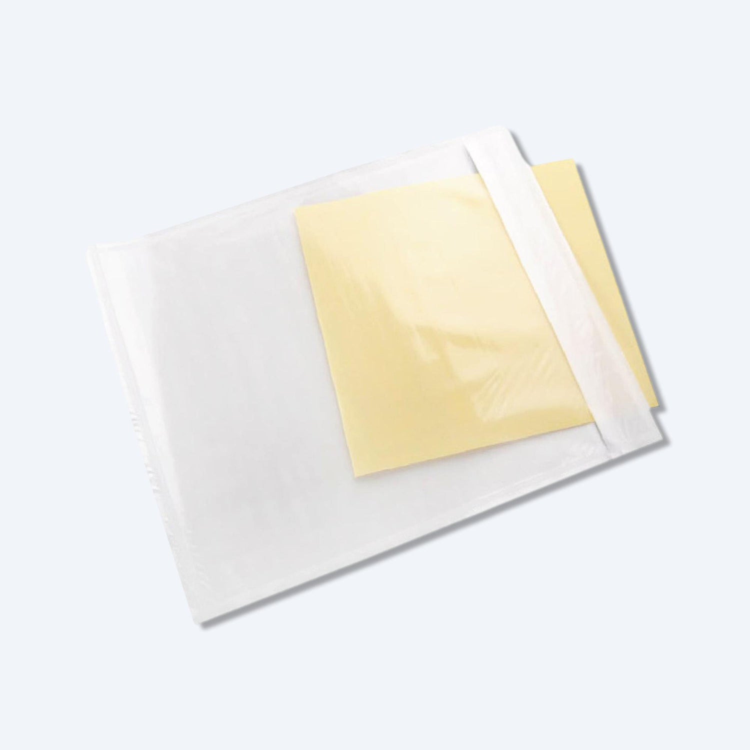 透明的自粘運單袋，配有黃色粘性封口，用於安全快遞寄件，存放WAYBILL使用。