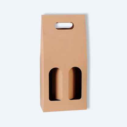 Front view of kraft cardboard wine carrier box with two arched bottle windows and built‑in handle slot.
