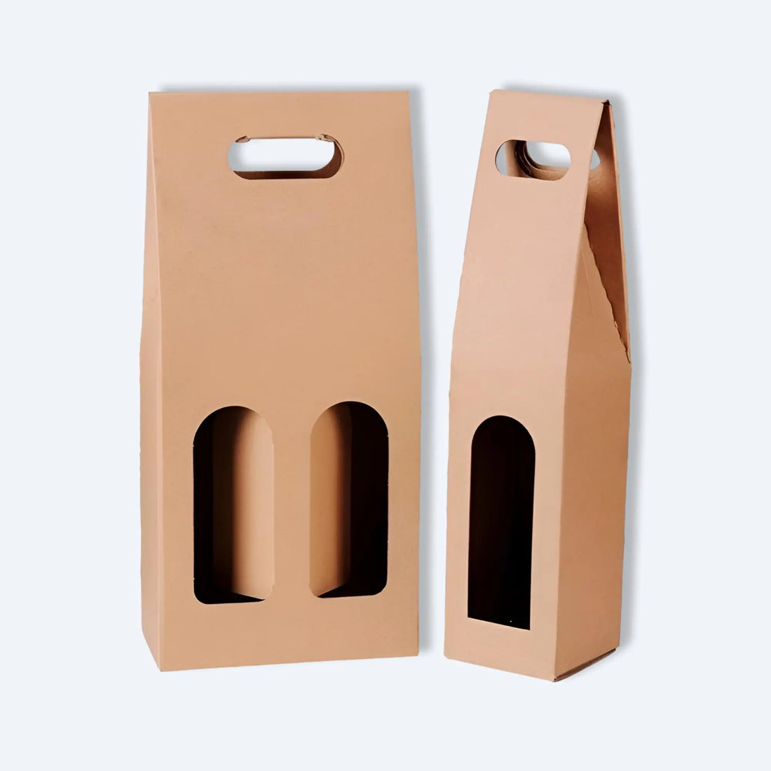 Set of two kraft wine carrier boxes: one double‑window, one single‑window design, both with die‑cut handles.