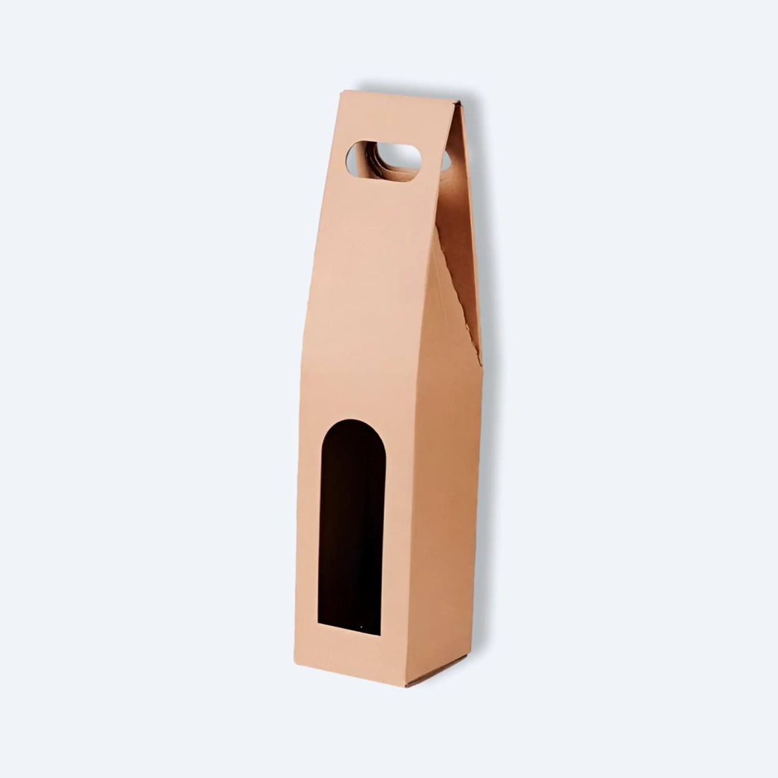 Tall kraft wine carrier box with single arched bottle window and die‑cut handle for easy transport.
