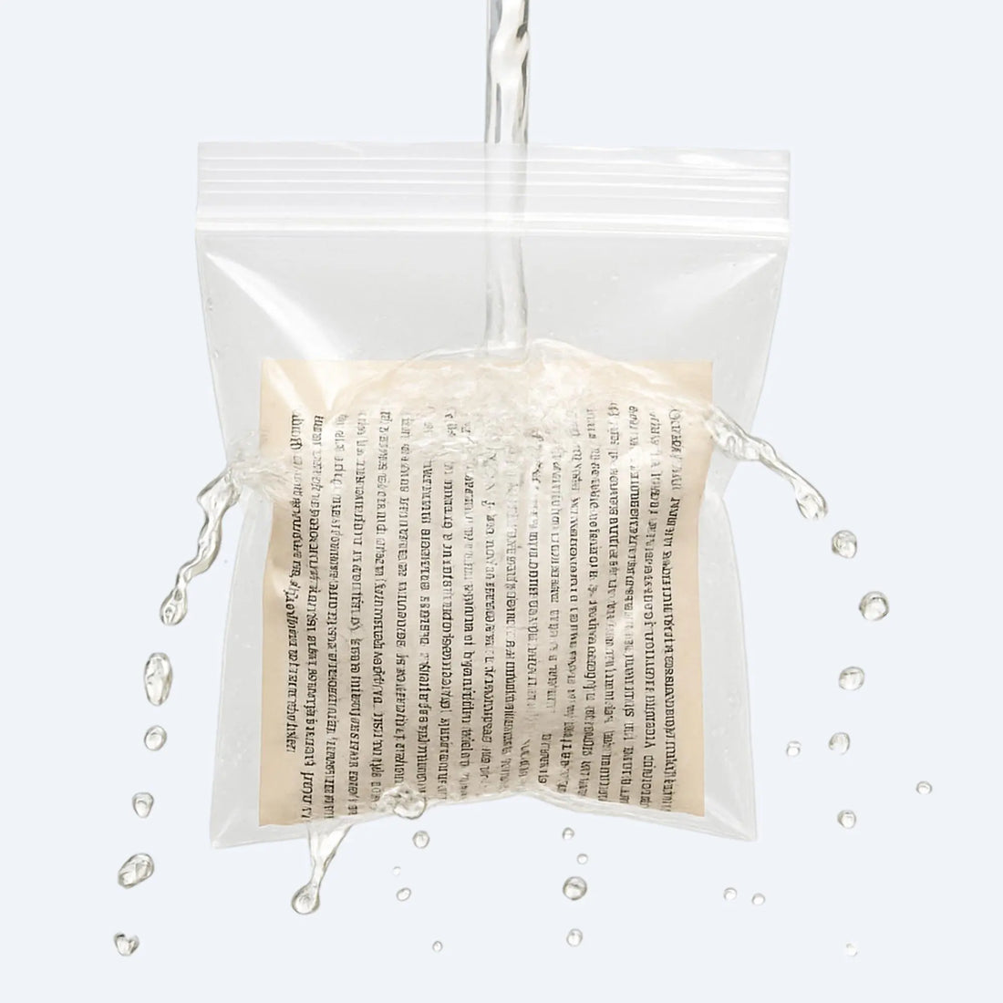 Clear ziplock bag protecting a sheet of paper while water pours over it, highlighting leak‑proof, waterproof performance.